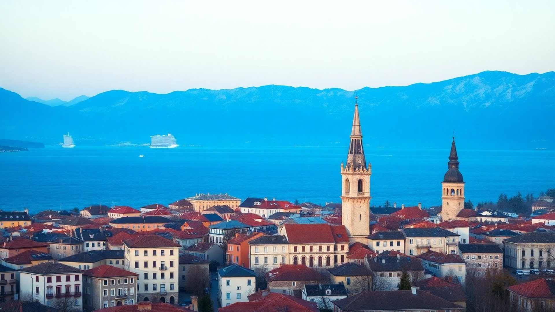 Panorama Kopra ob zori z azurno modro Jadransko obalo